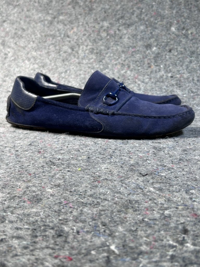 Gucci Horsebit Driving Loafers Navy Blue Suede Mens Size 12 Italy 205843